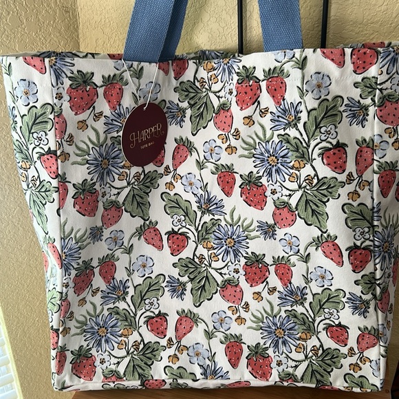 Strawberries floral Tote Bag with Blue Handles, NWT - Picture 5 of 7